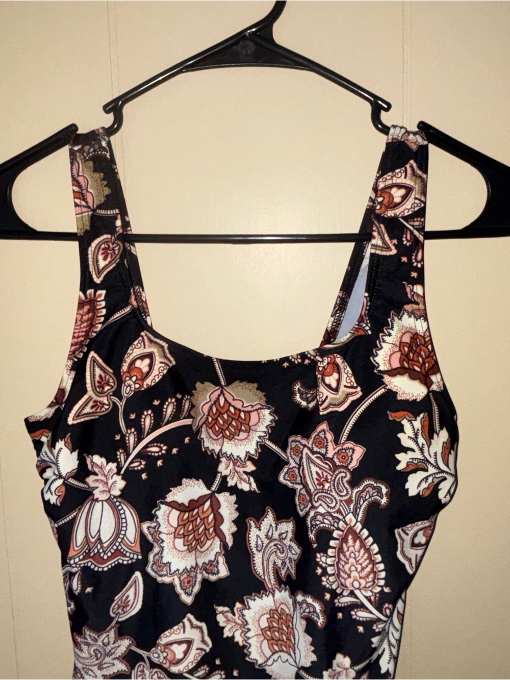 Lands' End Black Floral One-Piece Swimsuit with brown and Cream Accents size 6